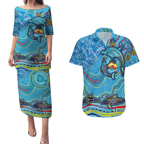 Dolphins Aboriginal Art Map Flag Australia Couples Matching Puletasi and Hawaiian Shirt
