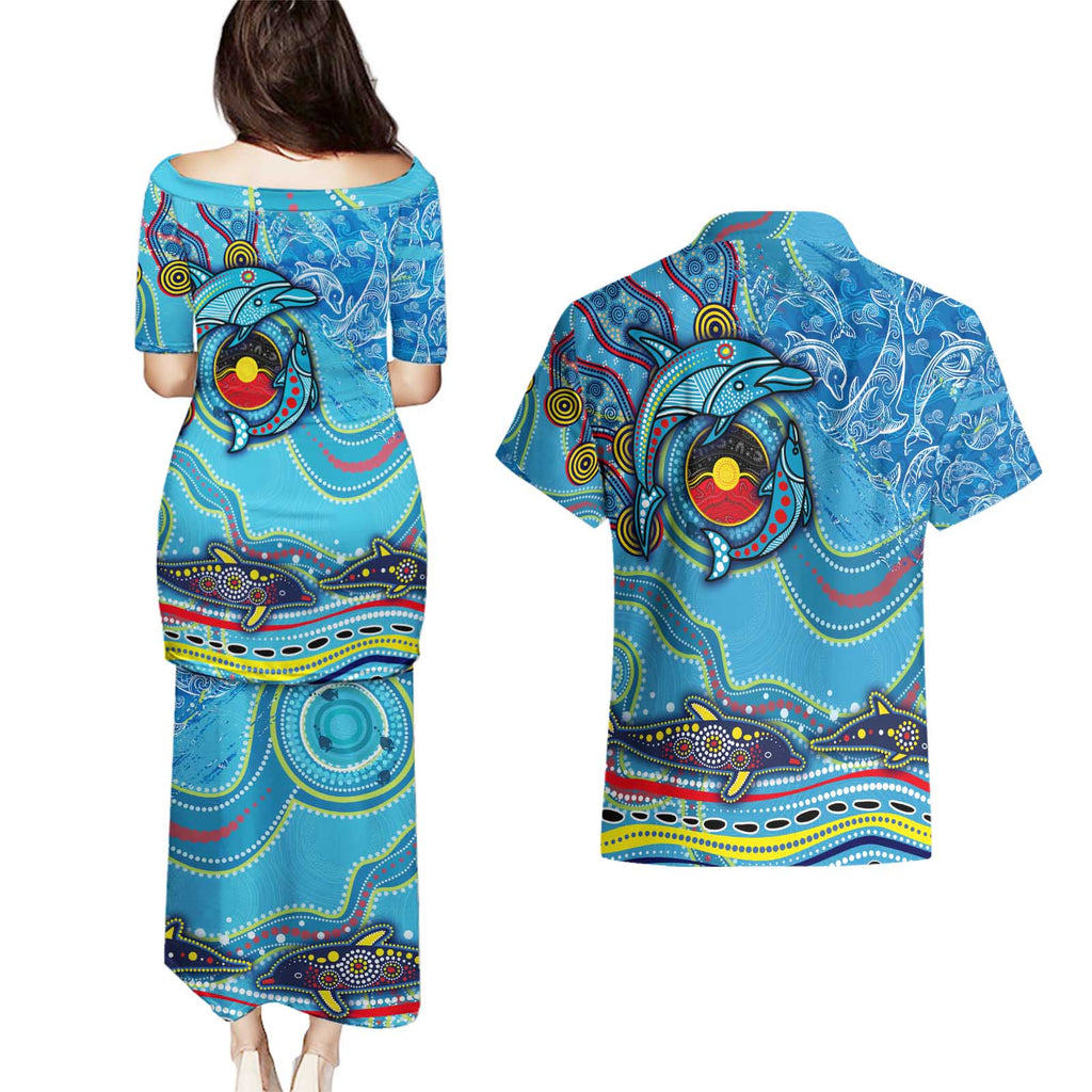 Dolphins Aboriginal Art Map Flag Australia Couples Matching Puletasi and Hawaiian Shirt