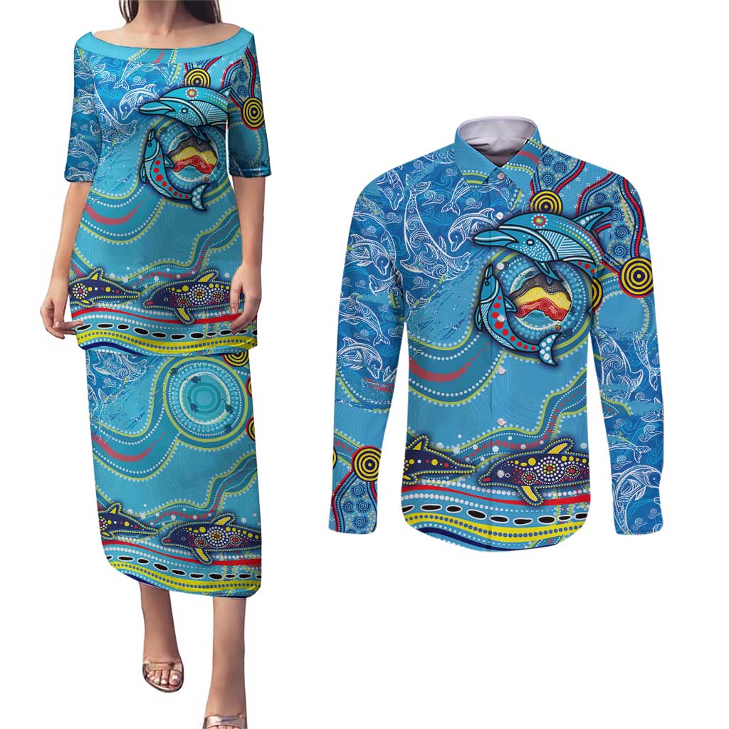 Dolphins Aboriginal Art Map Flag Australia Couples Matching Puletasi and Long Sleeve Button Shirt