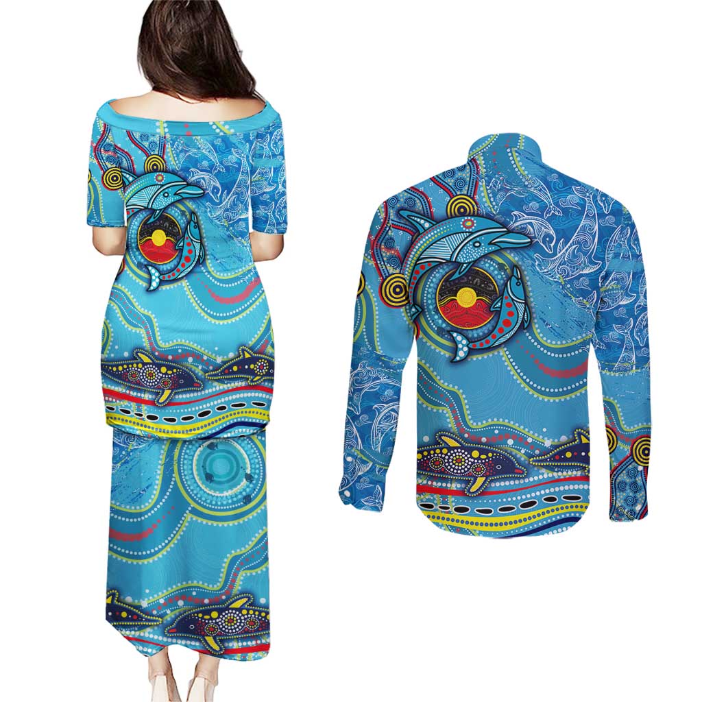 Dolphins Aboriginal Art Map Flag Australia Couples Matching Puletasi and Long Sleeve Button Shirt