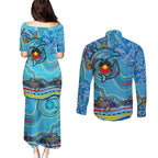 Dolphins Aboriginal Art Map Flag Australia Couples Matching Puletasi and Long Sleeve Button Shirt