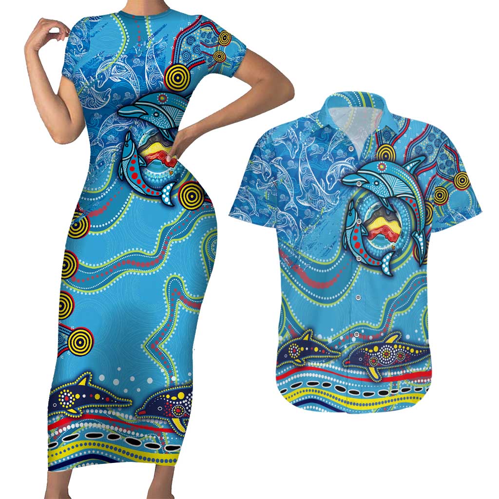 Dolphins Aboriginal Art Map Flag Australia Couples Matching Short Sleeve Bodycon Dress and Hawaiian Shirt