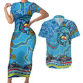 Dolphins Aboriginal Art Map Flag Australia Couples Matching Short Sleeve Bodycon Dress and Hawaiian Shirt