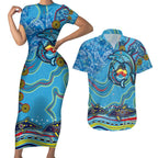 Dolphins Aboriginal Art Map Flag Australia Couples Matching Short Sleeve Bodycon Dress and Hawaiian Shirt