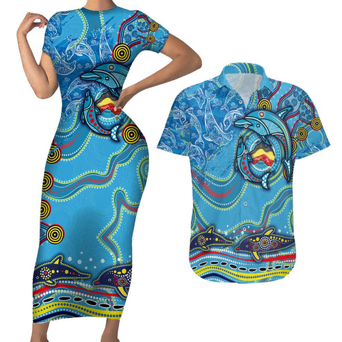 Dolphins Aboriginal Art Map Flag Australia Couples Matching Short Sleeve Bodycon Dress and Hawaiian Shirt