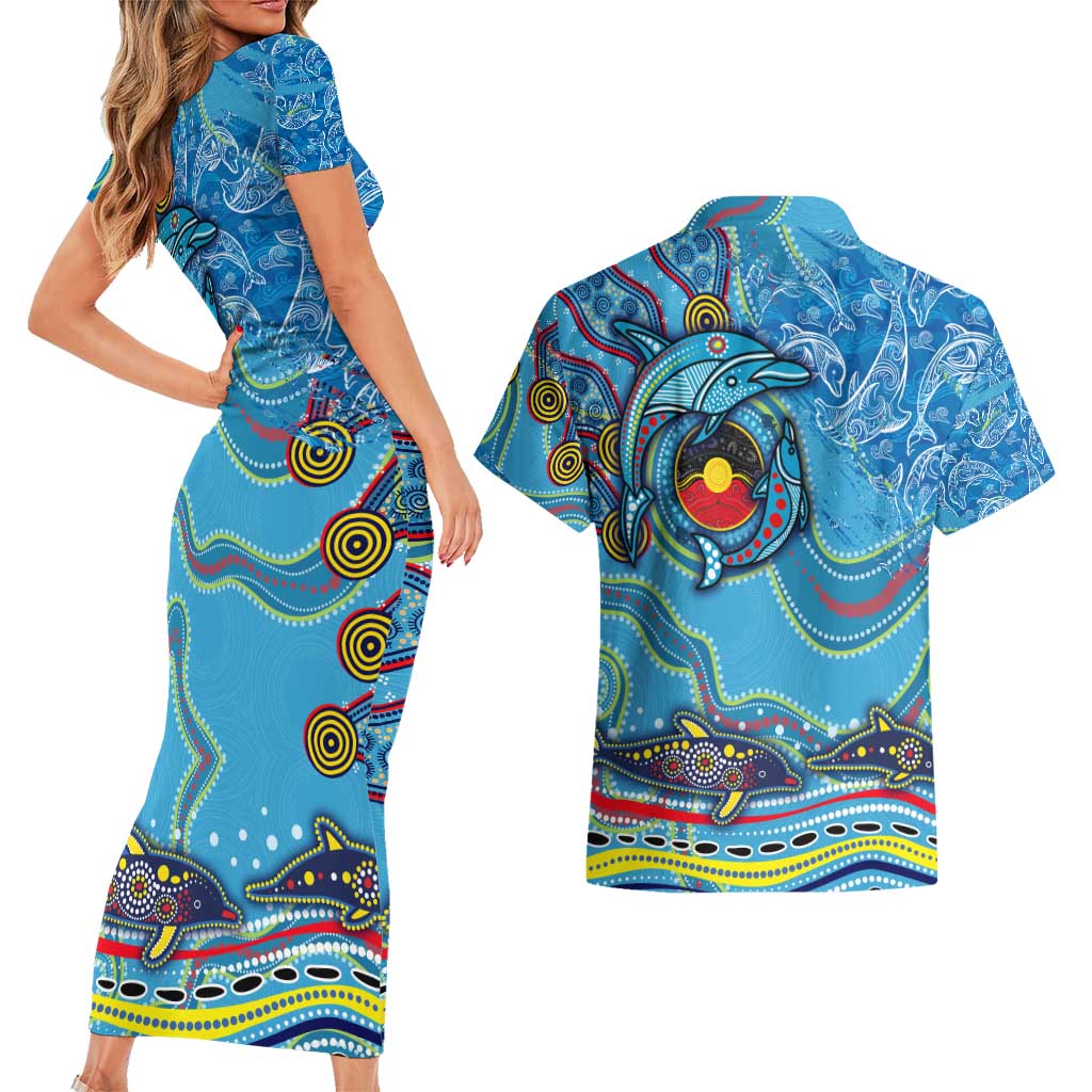 Dolphins Aboriginal Art Map Flag Australia Couples Matching Short Sleeve Bodycon Dress and Hawaiian Shirt