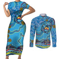 Dolphins Aboriginal Art Map Flag Australia Couples Matching Short Sleeve Bodycon Dress and Long Sleeve Button Shirt