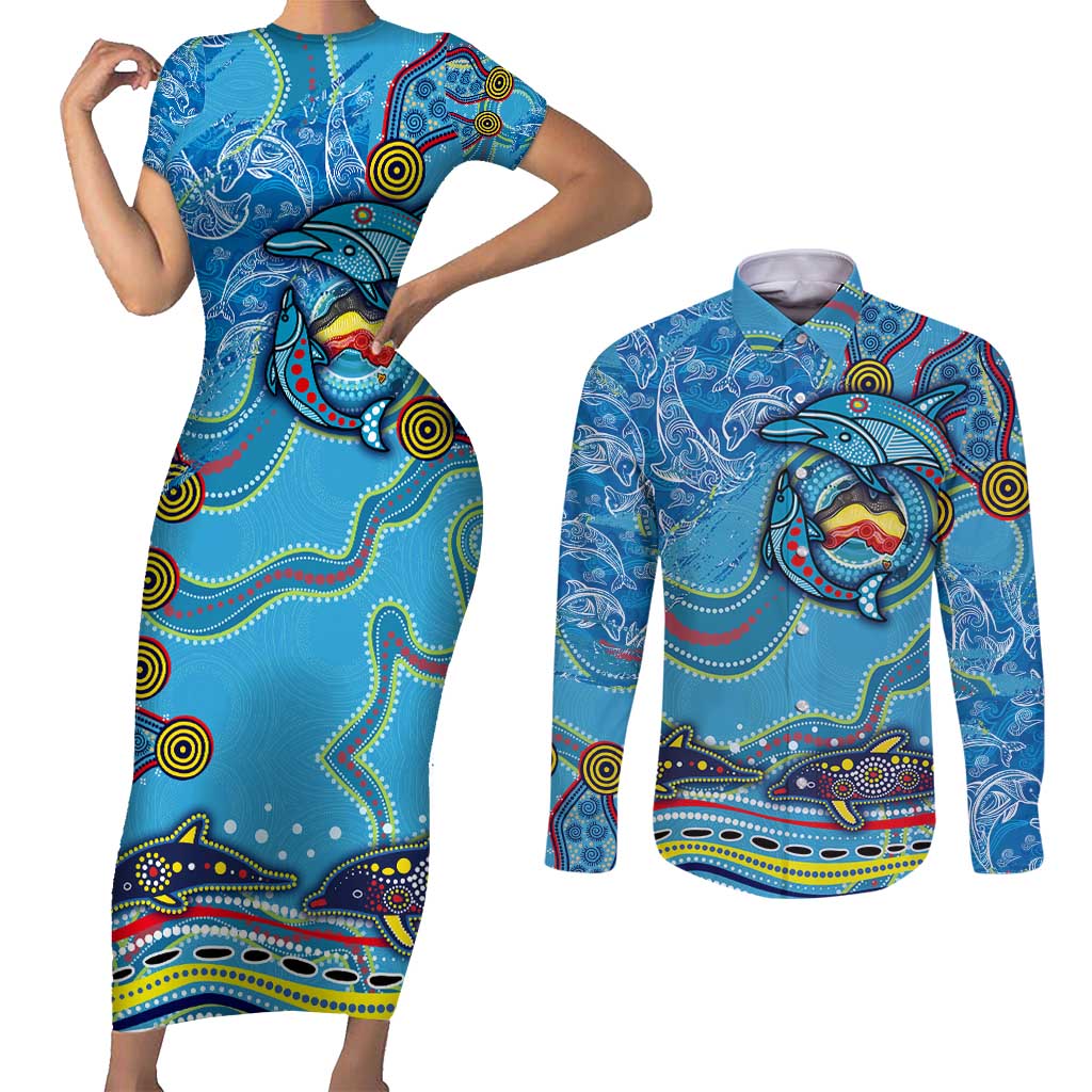 Dolphins Aboriginal Art Map Flag Australia Couples Matching Short Sleeve Bodycon Dress and Long Sleeve Button Shirt