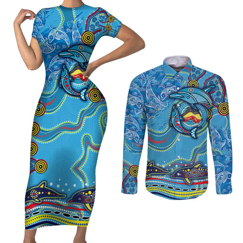 Dolphins Aboriginal Art Map Flag Australia Couples Matching Short Sleeve Bodycon Dress and Long Sleeve Button Shirt