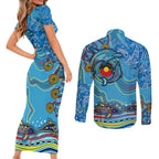 Dolphins Aboriginal Art Map Flag Australia Couples Matching Short Sleeve Bodycon Dress and Long Sleeve Button Shirt