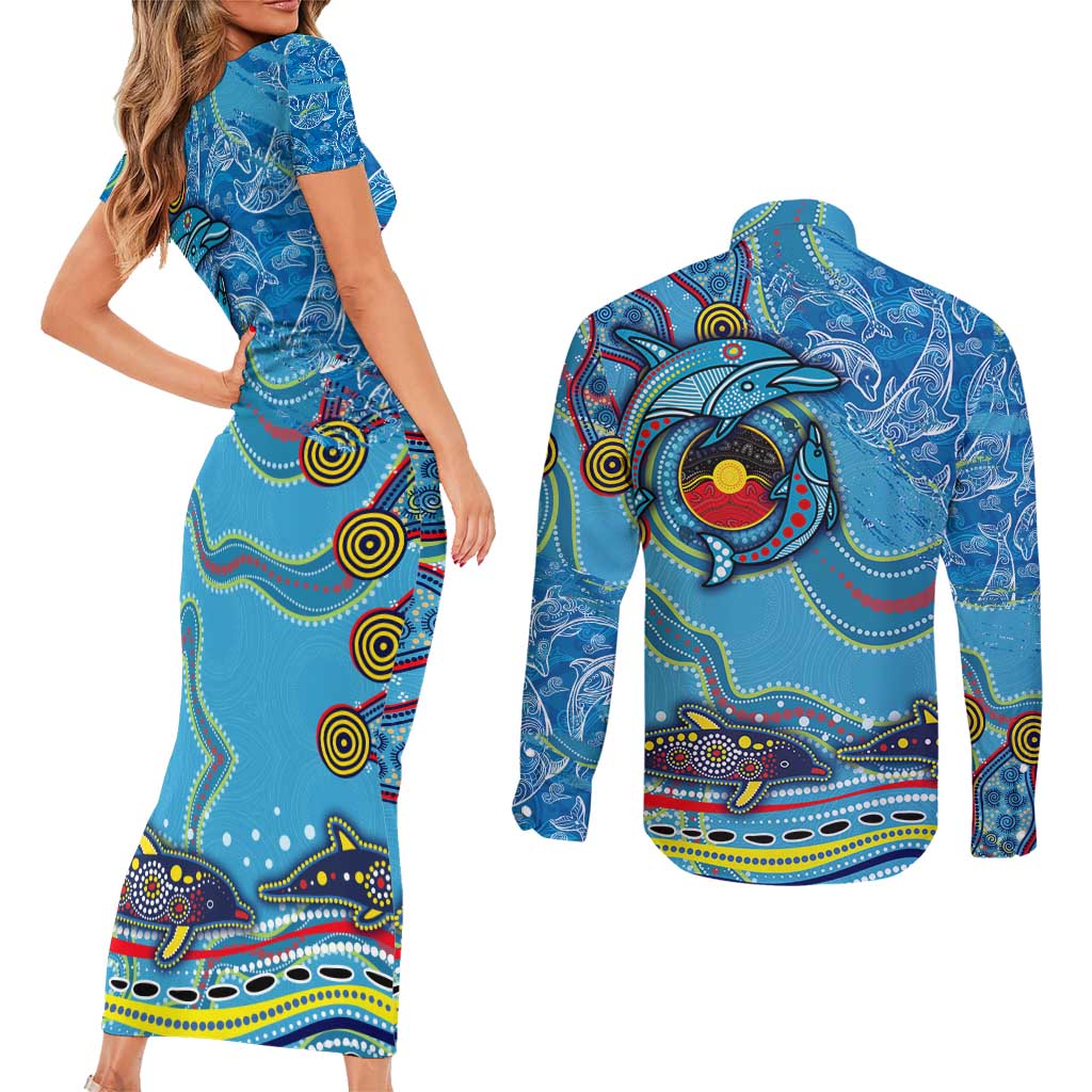 Dolphins Aboriginal Art Map Flag Australia Couples Matching Short Sleeve Bodycon Dress and Long Sleeve Button Shirt