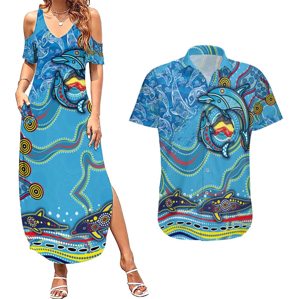 Dolphins Aboriginal Art Map Flag Australia Couples Matching Summer Maxi Dress and Hawaiian Shirt