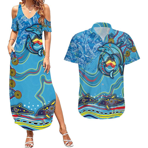 Dolphins Aboriginal Art Map Flag Australia Couples Matching Summer Maxi Dress and Hawaiian Shirt