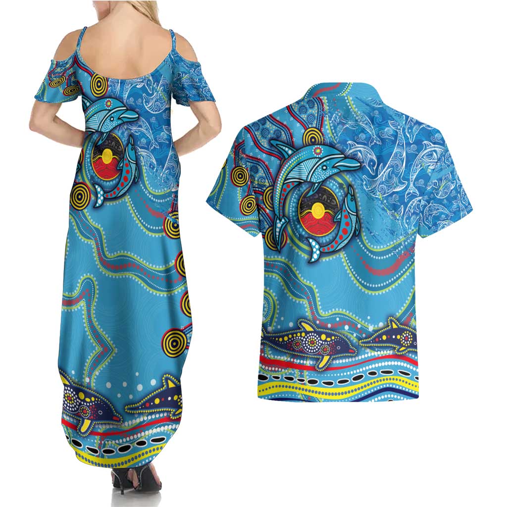 Dolphins Aboriginal Art Map Flag Australia Couples Matching Summer Maxi Dress and Hawaiian Shirt