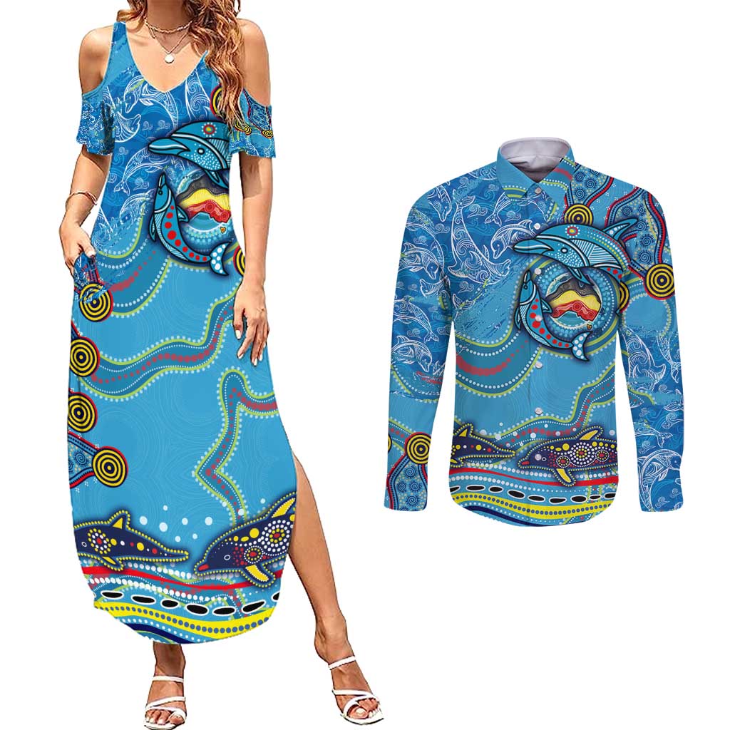 Dolphins Aboriginal Art Map Flag Australia Couples Matching Summer Maxi Dress and Long Sleeve Button Shirt