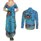 Dolphins Aboriginal Art Map Flag Australia Couples Matching Summer Maxi Dress and Long Sleeve Button Shirt