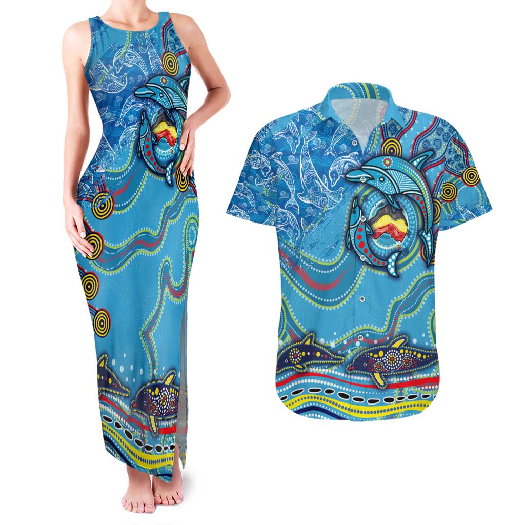Dolphins Aboriginal Art Map Flag Australia Couples Matching Tank Maxi Dress and Hawaiian Shirt