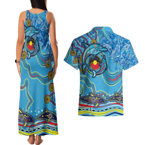Dolphins Aboriginal Art Map Flag Australia Couples Matching Tank Maxi Dress and Hawaiian Shirt