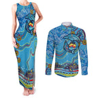 Dolphins Aboriginal Art Map Flag Australia Couples Matching Tank Maxi Dress and Long Sleeve Button Shirt