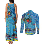 Dolphins Aboriginal Art Map Flag Australia Couples Matching Tank Maxi Dress and Long Sleeve Button Shirt