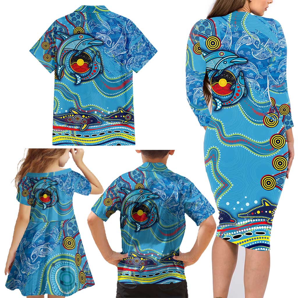 Dolphins Aboriginal Art Map Flag Australia Family Matching Long Sleeve Bodycon Dress and Hawaiian Shirt