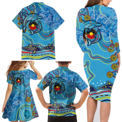 Dolphins Aboriginal Art Map Flag Australia Family Matching Long Sleeve Bodycon Dress and Hawaiian Shirt