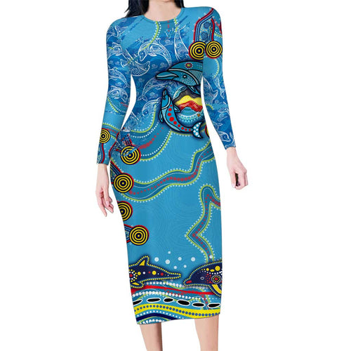 Dolphins Aboriginal Art Map Flag Australia Family Matching Long Sleeve Bodycon Dress and Hawaiian Shirt