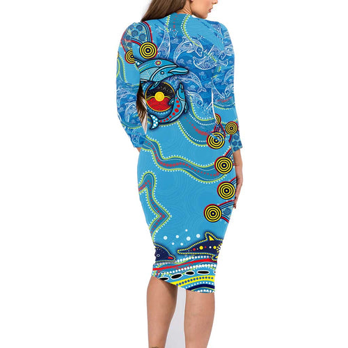 Dolphins Aboriginal Art Map Flag Australia Family Matching Long Sleeve Bodycon Dress and Hawaiian Shirt