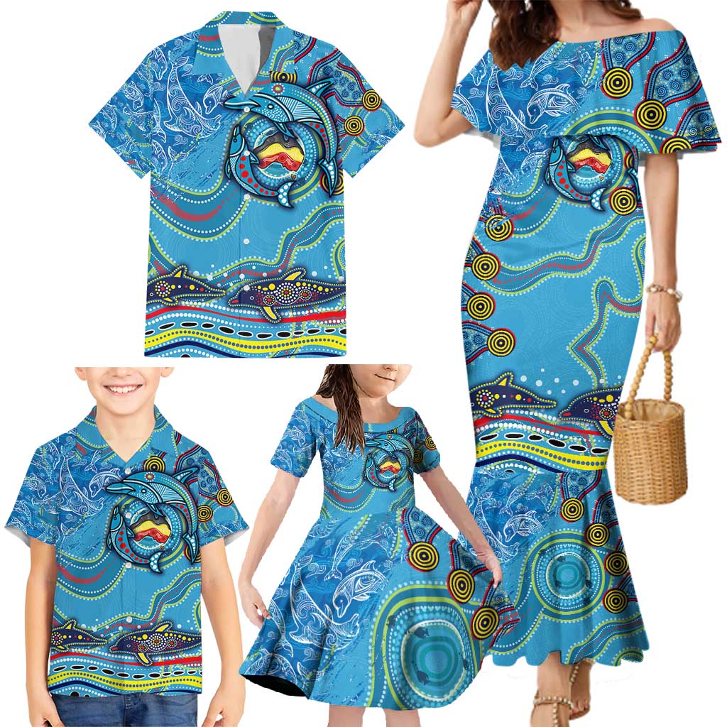 Dolphins Aboriginal Art Map Flag Australia Family Matching Mermaid Dress and Hawaiian Shirt
