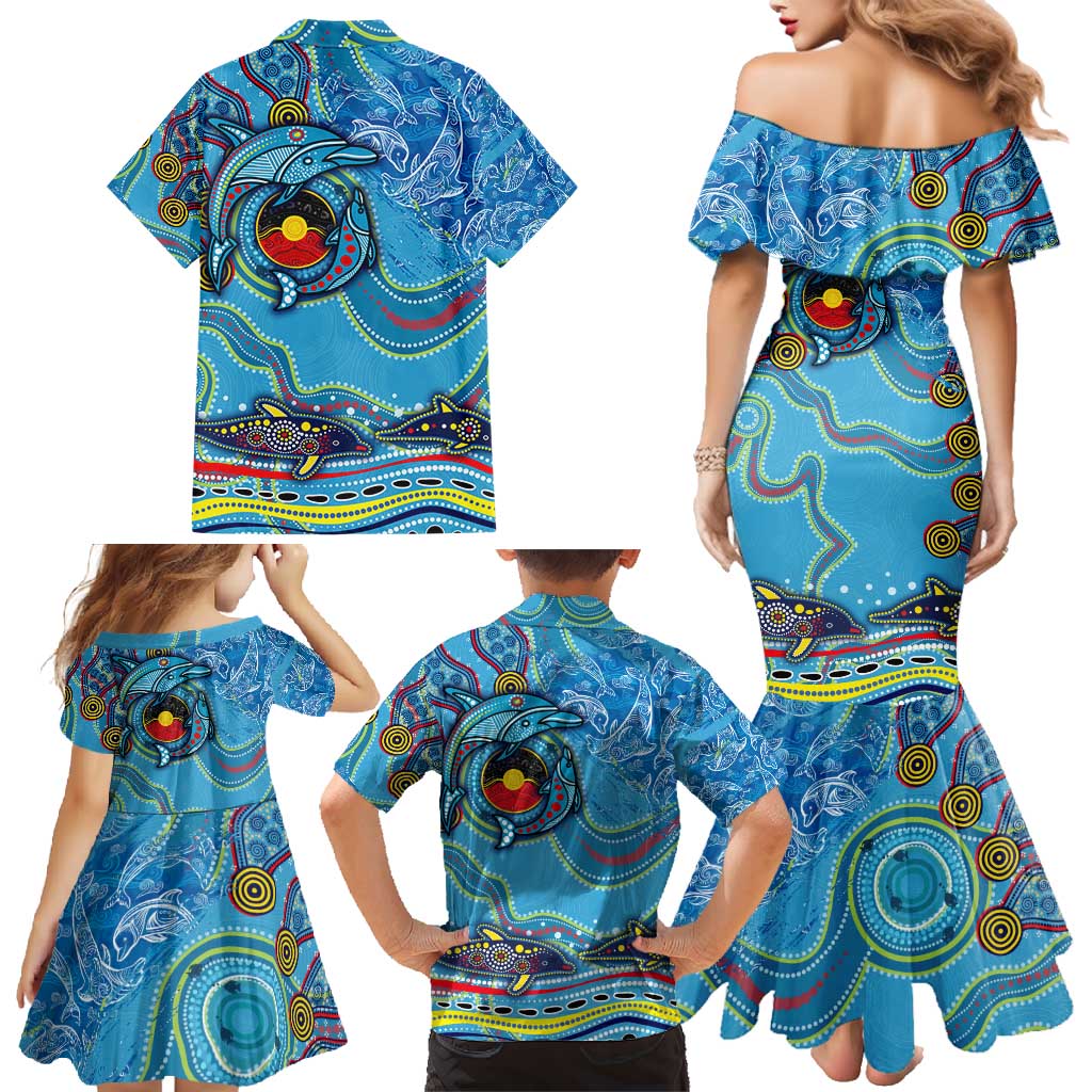 Dolphins Aboriginal Art Map Flag Australia Family Matching Mermaid Dress and Hawaiian Shirt