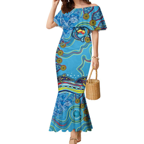 Dolphins Aboriginal Art Map Flag Australia Family Matching Mermaid Dress and Hawaiian Shirt