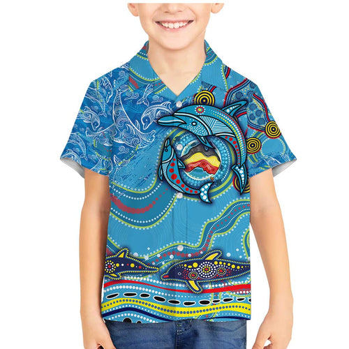 Dolphins Aboriginal Art Map Flag Australia Family Matching Mermaid Dress and Hawaiian Shirt