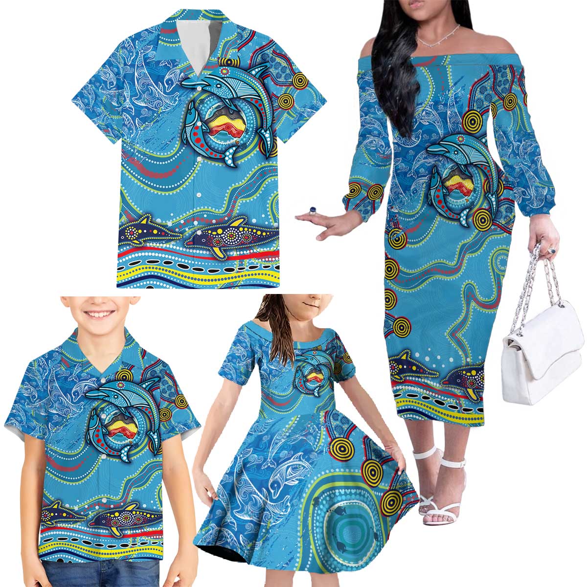 Dolphins Aboriginal Art Map Flag Australia Family Matching Off The Shoulder Long Sleeve Dress and Hawaiian Shirt