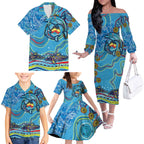 Dolphins Aboriginal Art Map Flag Australia Family Matching Off The Shoulder Long Sleeve Dress and Hawaiian Shirt