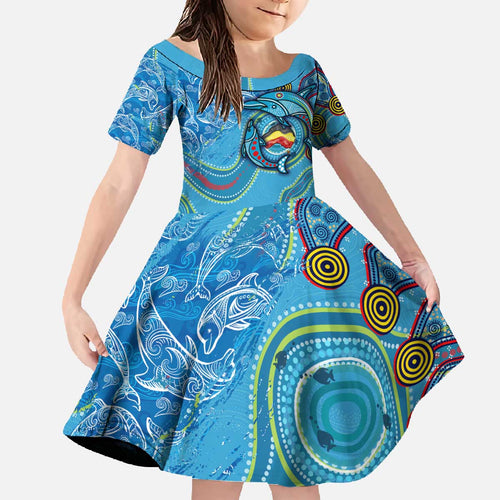 Dolphins Aboriginal Art Map Flag Australia Family Matching Off The Shoulder Long Sleeve Dress and Hawaiian Shirt