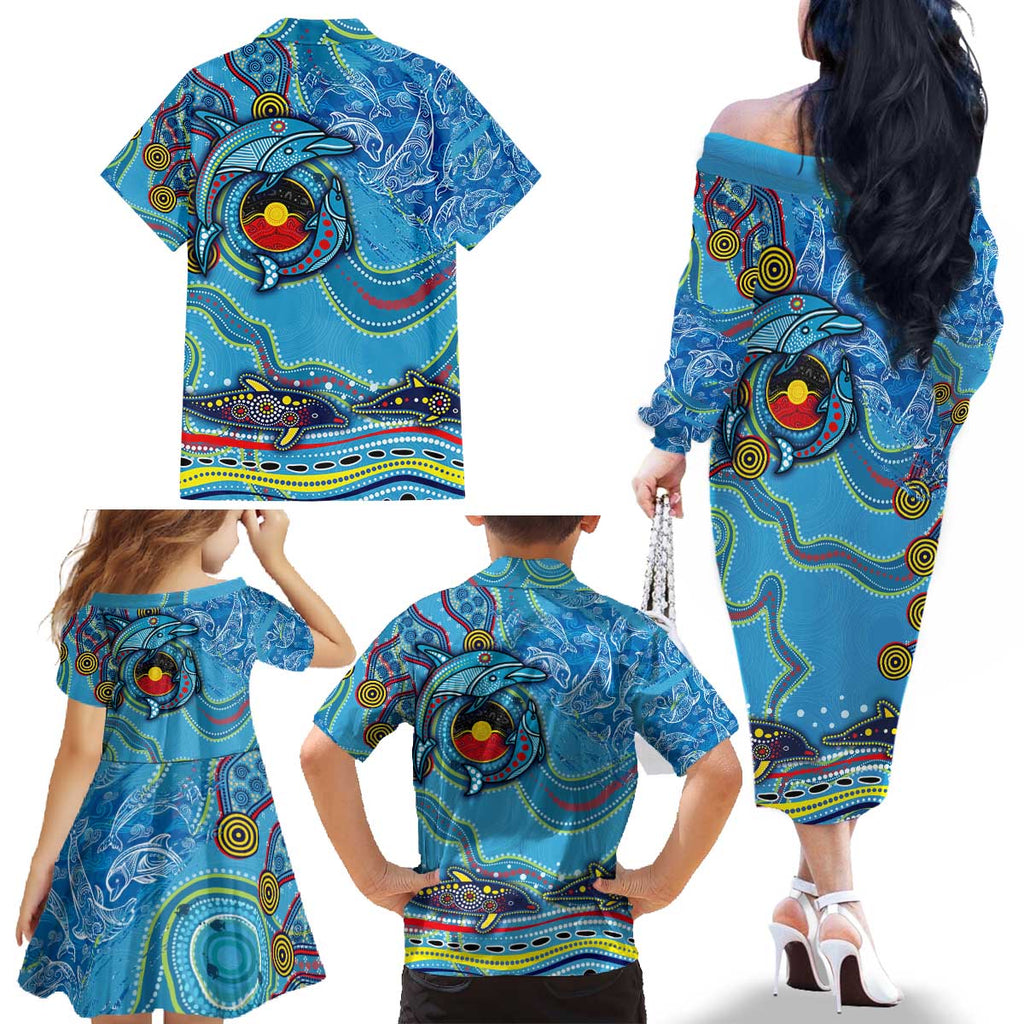 Dolphins Aboriginal Art Map Flag Australia Family Matching Off The Shoulder Long Sleeve Dress and Hawaiian Shirt