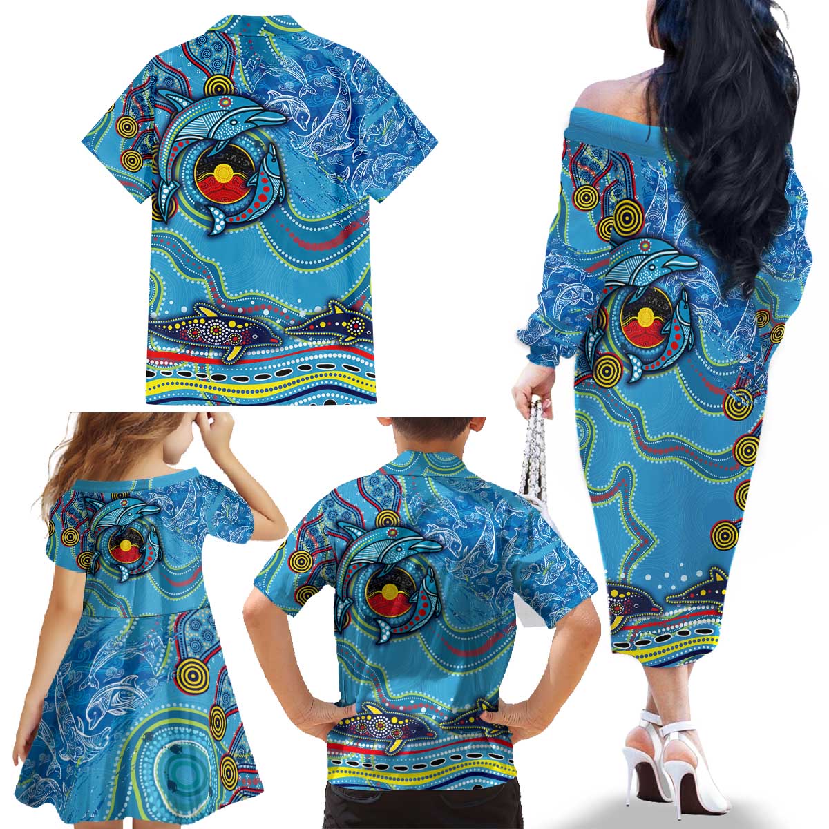 Dolphins Aboriginal Art Map Flag Australia Family Matching Off The Shoulder Long Sleeve Dress and Hawaiian Shirt