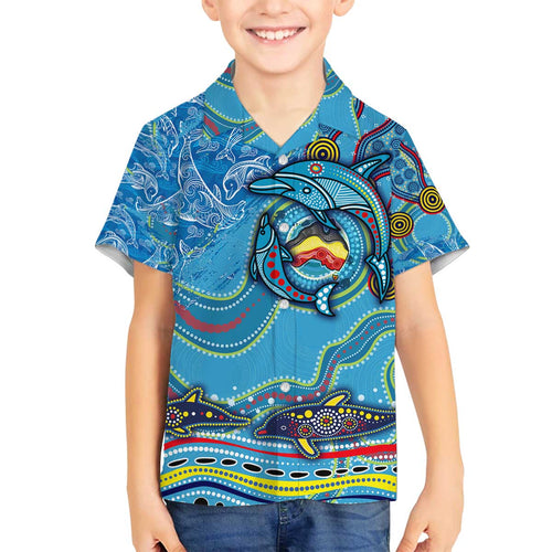 Dolphins Aboriginal Art Map Flag Australia Family Matching Off The Shoulder Long Sleeve Dress and Hawaiian Shirt