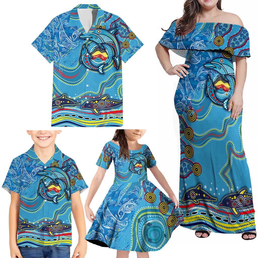 Dolphins Aboriginal Art Map Flag Australia Family Matching Off Shoulder Maxi Dress and Hawaiian Shirt