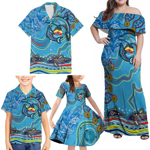 Dolphins Aboriginal Art Map Flag Australia Family Matching Off Shoulder Maxi Dress and Hawaiian Shirt