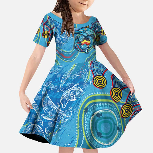 Dolphins Aboriginal Art Map Flag Australia Family Matching Off Shoulder Maxi Dress and Hawaiian Shirt