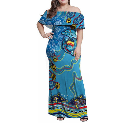 Dolphins Aboriginal Art Map Flag Australia Family Matching Off Shoulder Maxi Dress and Hawaiian Shirt