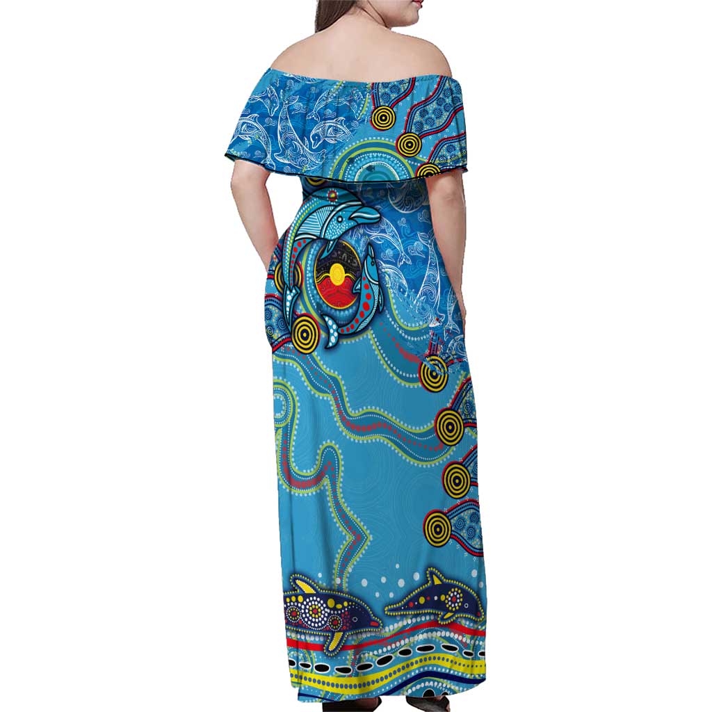 Dolphins Aboriginal Art Map Flag Australia Family Matching Off Shoulder Maxi Dress and Hawaiian Shirt