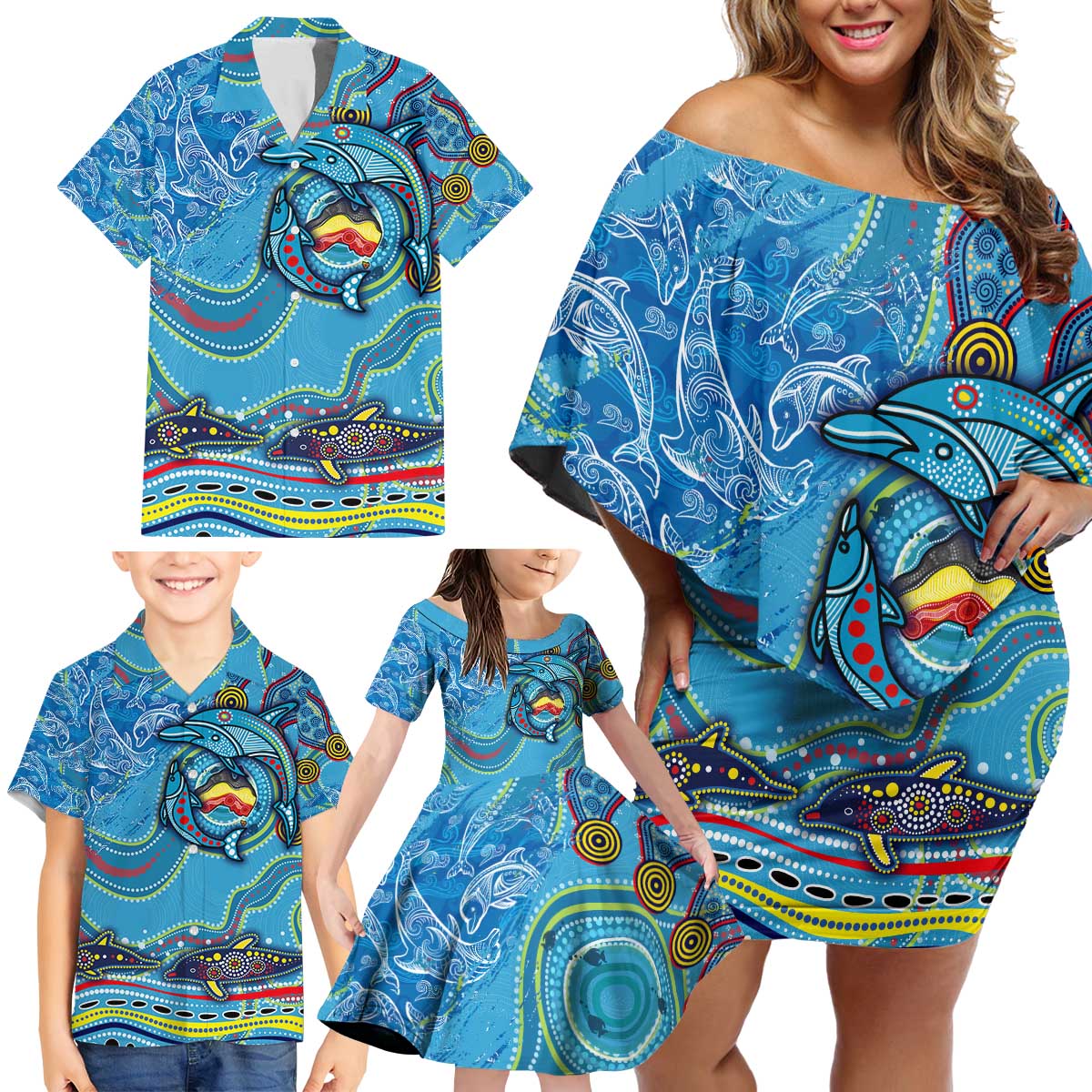 Dolphins Aboriginal Art Map Flag Australia Family Matching Off Shoulder Short Dress and Hawaiian Shirt