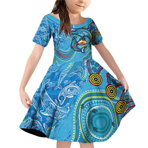 Dolphins Aboriginal Art Map Flag Australia Family Matching Off Shoulder Short Dress and Hawaiian Shirt