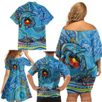 Dolphins Aboriginal Art Map Flag Australia Family Matching Off Shoulder Short Dress and Hawaiian Shirt