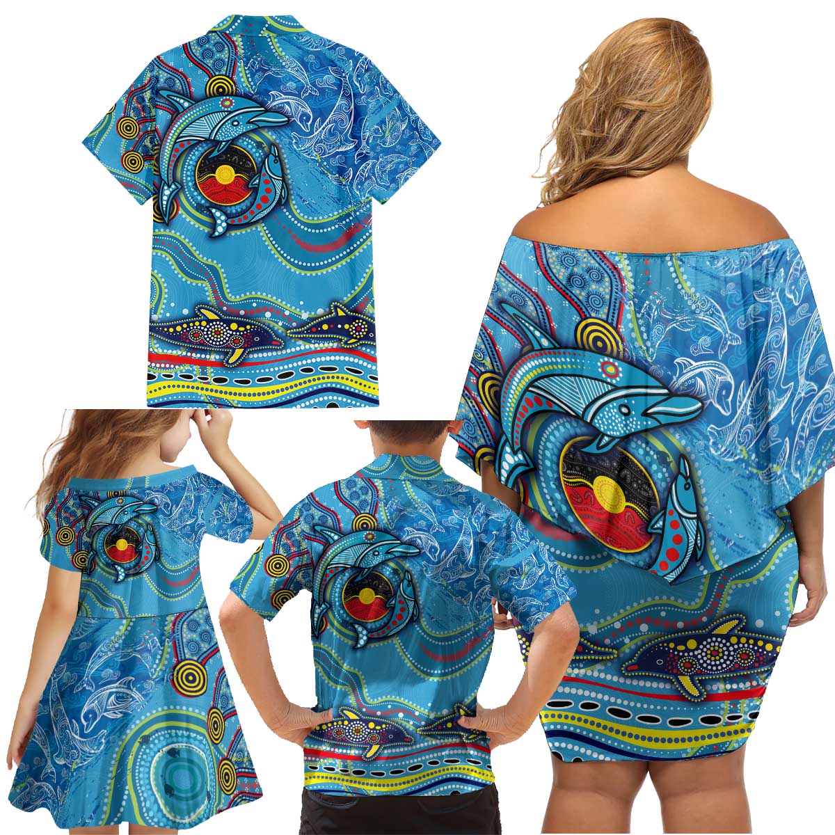 Dolphins Aboriginal Art Map Flag Australia Family Matching Off Shoulder Short Dress and Hawaiian Shirt