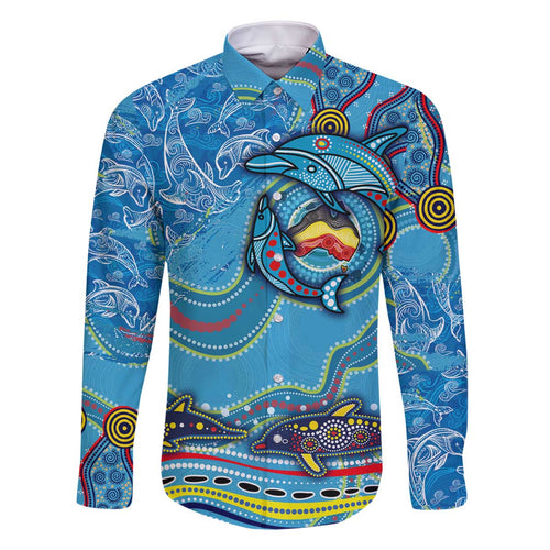 Dolphins Aboriginal Art Map Flag Australia Family Matching Off Shoulder Short Dress and Hawaiian Shirt