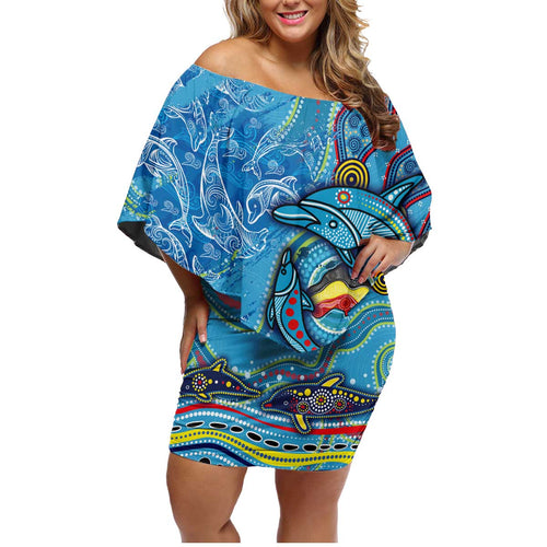 Dolphins Aboriginal Art Map Flag Australia Family Matching Off Shoulder Short Dress and Hawaiian Shirt