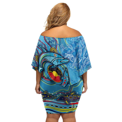 Dolphins Aboriginal Art Map Flag Australia Family Matching Off Shoulder Short Dress and Hawaiian Shirt